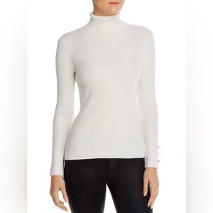 Tahari Tan Fitted Herringbone Design Turtleneck Sweater with Gold Buttons Size S